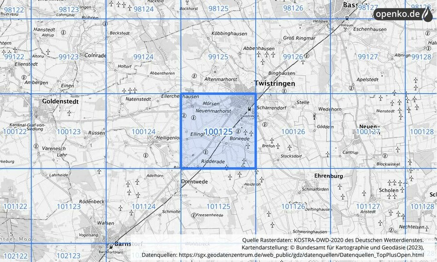 Übersichtskarte des KOSTRA-DWD-2020-Rasterfeldes Nr. 100125