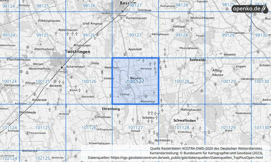 Übersichtskarte des KOSTRA-DWD-2020-Rasterfeldes Nr. 100127