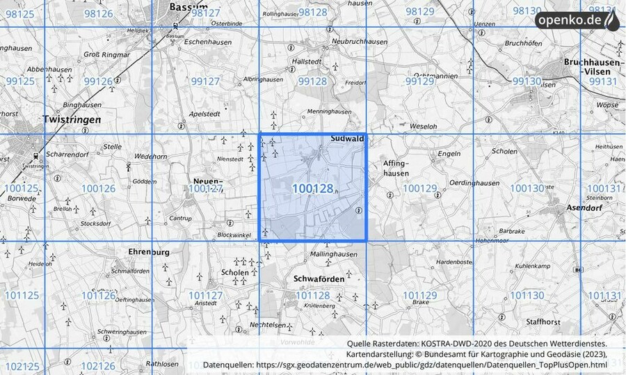 Übersichtskarte des KOSTRA-DWD-2020-Rasterfeldes Nr. 100128