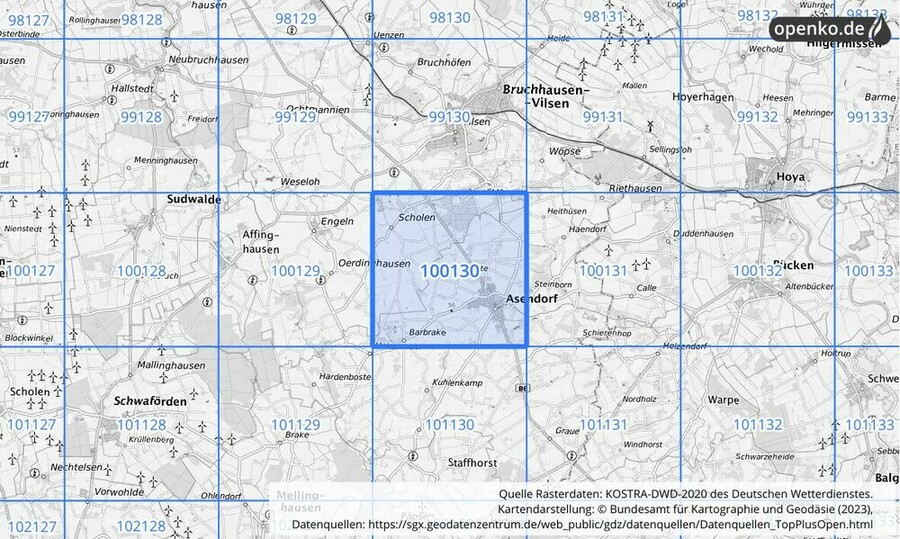 Übersichtskarte des KOSTRA-DWD-2020-Rasterfeldes Nr. 100130