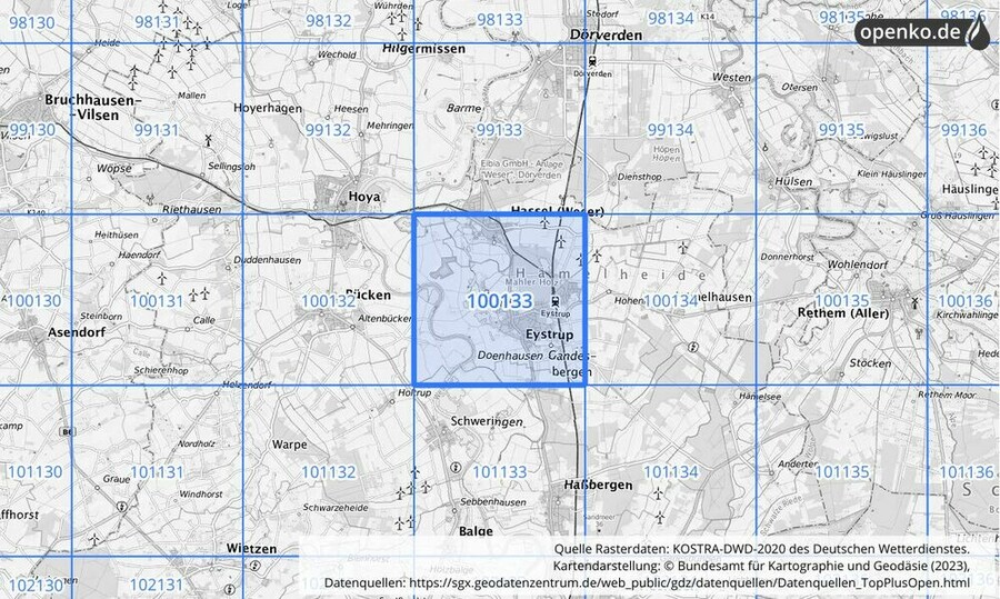 Übersichtskarte des KOSTRA-DWD-2020-Rasterfeldes Nr. 100133