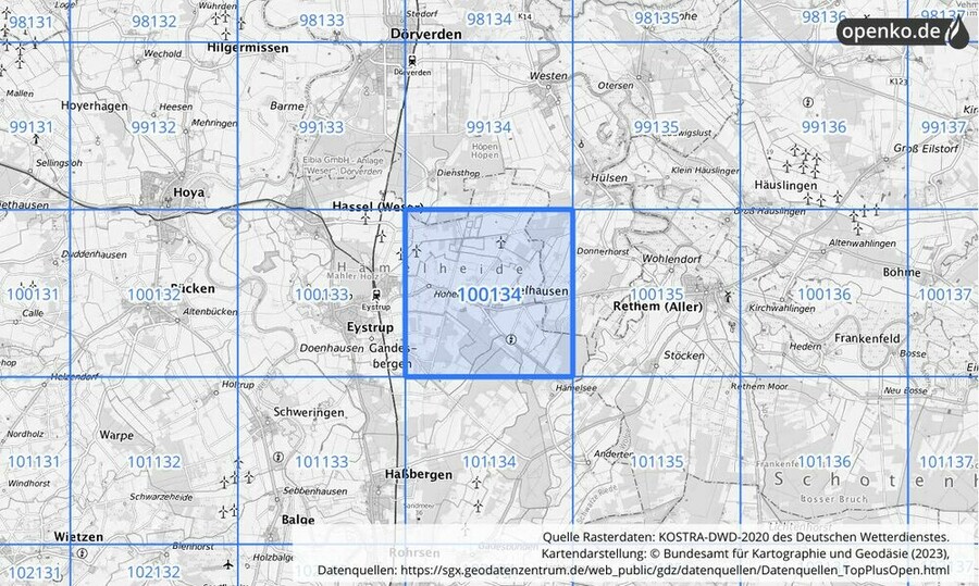 Übersichtskarte des KOSTRA-DWD-2020-Rasterfeldes Nr. 100134