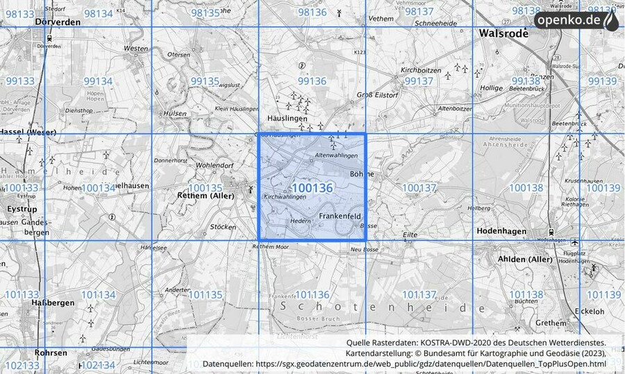 Übersichtskarte des KOSTRA-DWD-2020-Rasterfeldes Nr. 100136