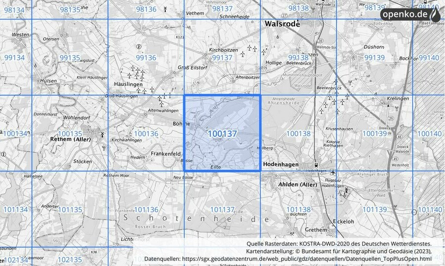 Übersichtskarte des KOSTRA-DWD-2020-Rasterfeldes Nr. 100137