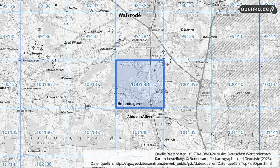 Übersichtskarte des KOSTRA-DWD-2020-Rasterfeldes Nr. 100138