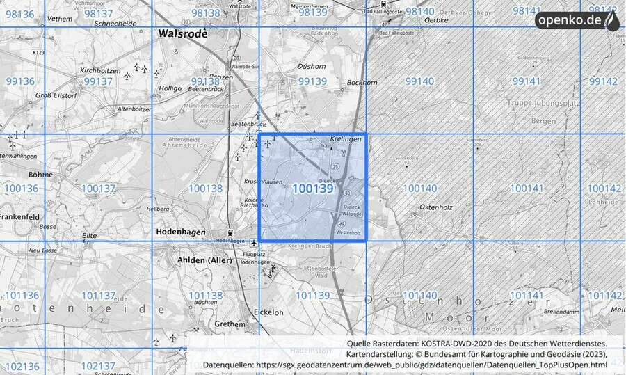 Übersichtskarte des KOSTRA-DWD-2020-Rasterfeldes Nr. 100139