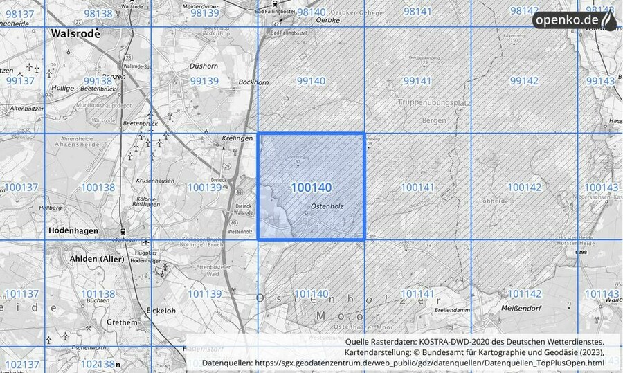 Übersichtskarte des KOSTRA-DWD-2020-Rasterfeldes Nr. 100140