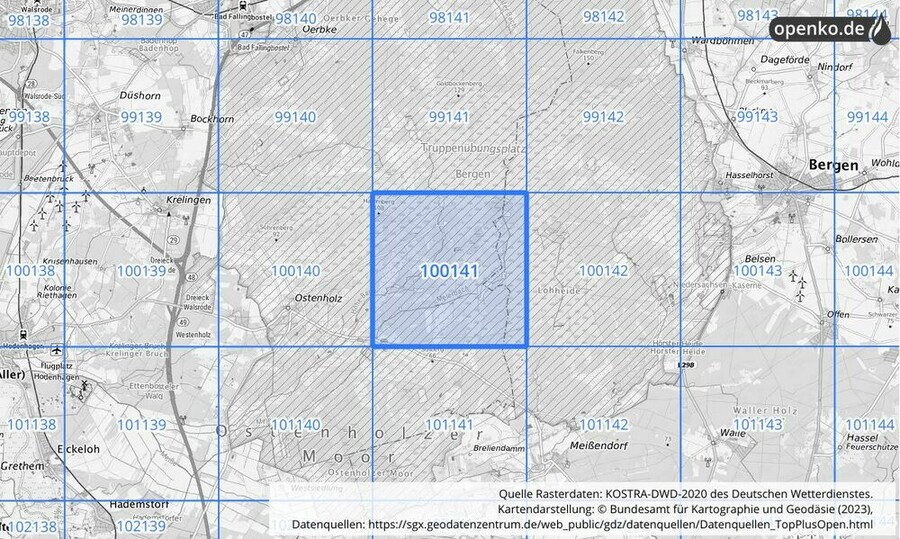 Übersichtskarte des KOSTRA-DWD-2020-Rasterfeldes Nr. 100141