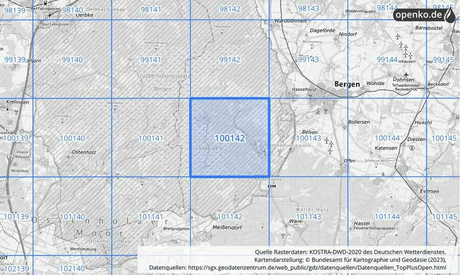 Übersichtskarte des KOSTRA-DWD-2020-Rasterfeldes Nr. 100142