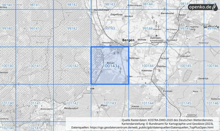 Übersichtskarte des KOSTRA-DWD-2020-Rasterfeldes Nr. 100143