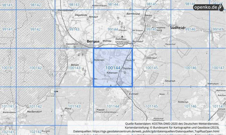 Übersichtskarte des KOSTRA-DWD-2020-Rasterfeldes Nr. 100144