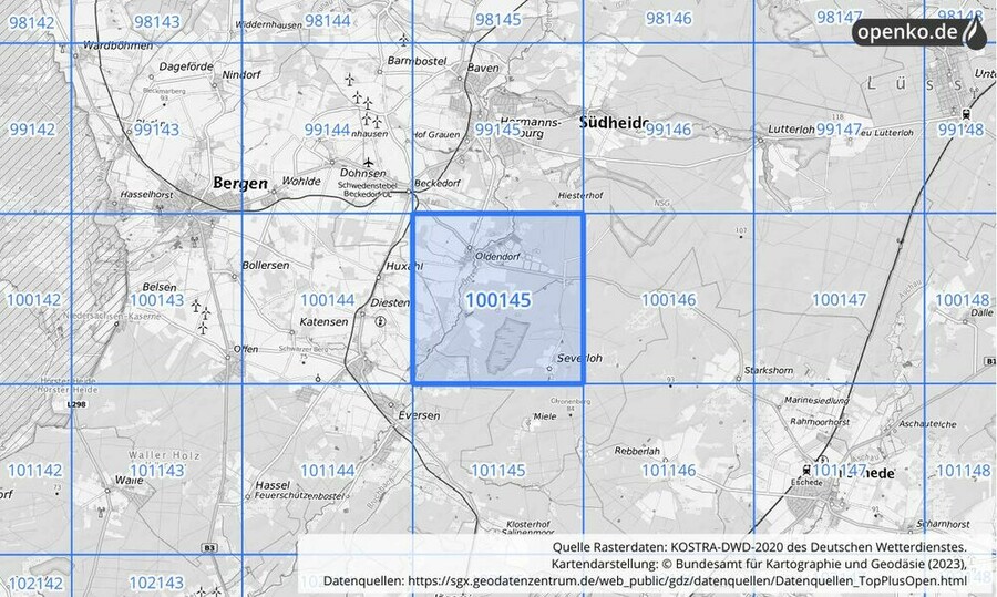 Übersichtskarte des KOSTRA-DWD-2020-Rasterfeldes Nr. 100145