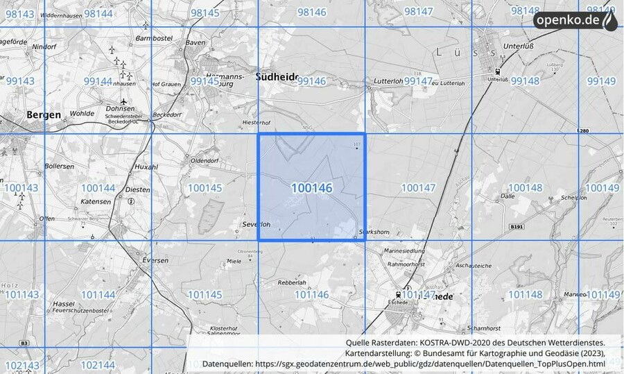 Übersichtskarte des KOSTRA-DWD-2020-Rasterfeldes Nr. 100146