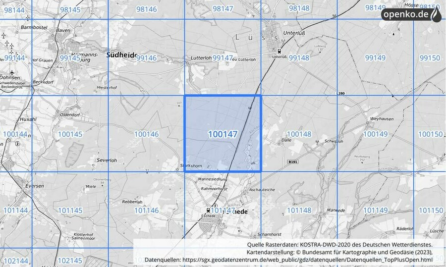 Übersichtskarte des KOSTRA-DWD-2020-Rasterfeldes Nr. 100147