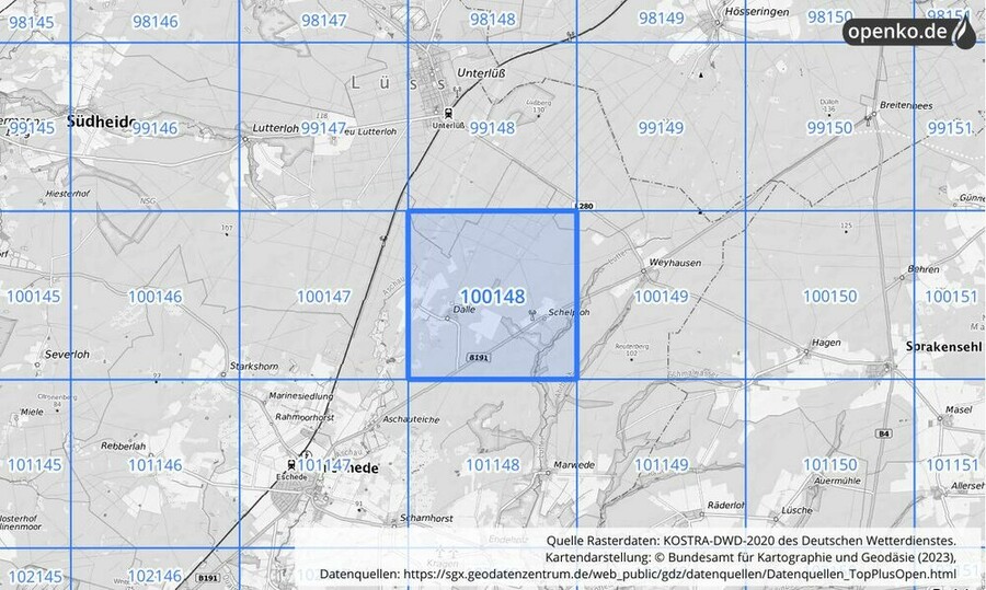 Übersichtskarte des KOSTRA-DWD-2020-Rasterfeldes Nr. 100148