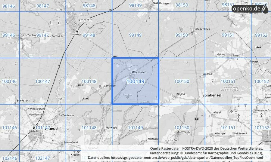 Übersichtskarte des KOSTRA-DWD-2020-Rasterfeldes Nr. 100149