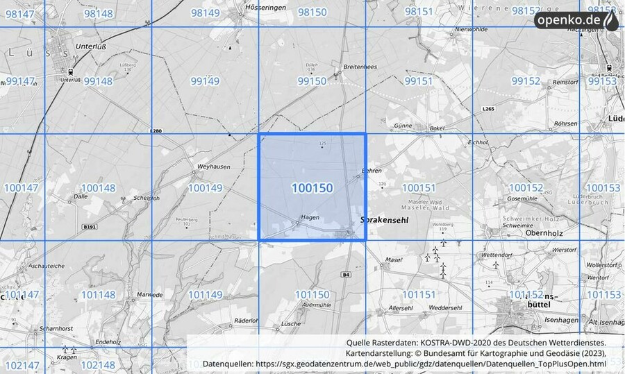 Übersichtskarte des KOSTRA-DWD-2020-Rasterfeldes Nr. 100150