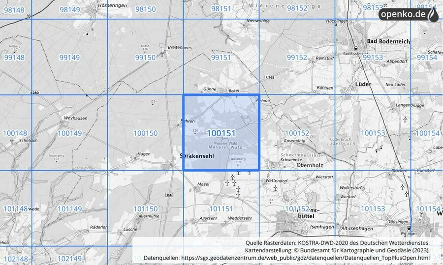 Übersichtskarte des KOSTRA-DWD-2020-Rasterfeldes Nr. 100151