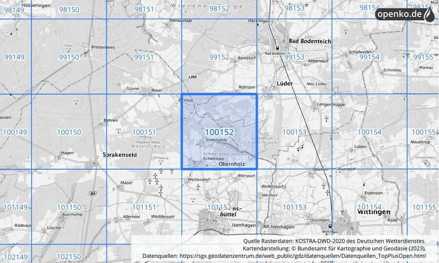 Übersichtskarte des KOSTRA-DWD-2020-Rasterfeldes Nr. 100152