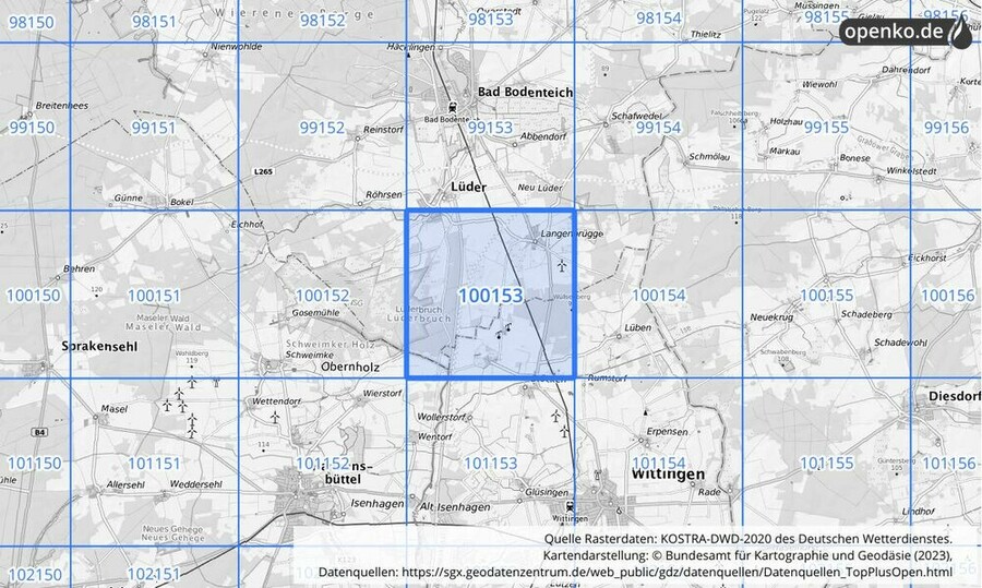 Übersichtskarte des KOSTRA-DWD-2020-Rasterfeldes Nr. 100153