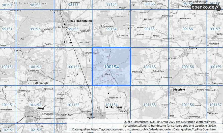 Übersichtskarte des KOSTRA-DWD-2020-Rasterfeldes Nr. 100154