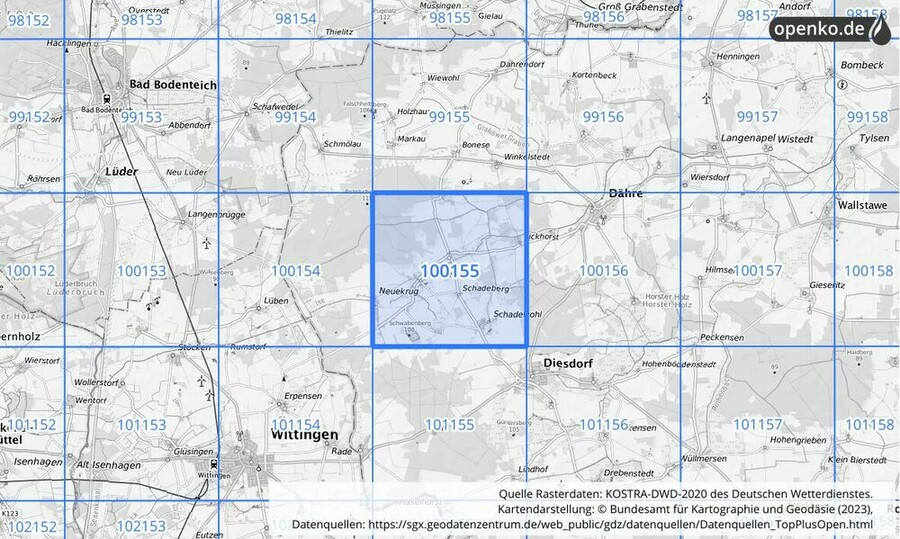 Übersichtskarte des KOSTRA-DWD-2020-Rasterfeldes Nr. 100155