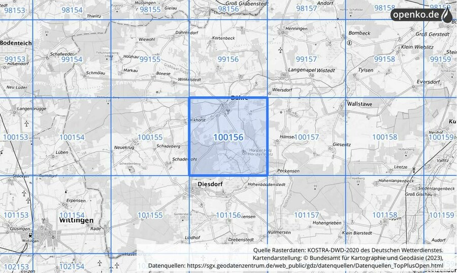 Übersichtskarte des KOSTRA-DWD-2020-Rasterfeldes Nr. 100156