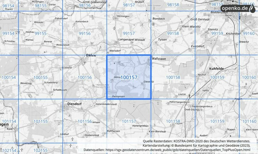 Übersichtskarte des KOSTRA-DWD-2020-Rasterfeldes Nr. 100157