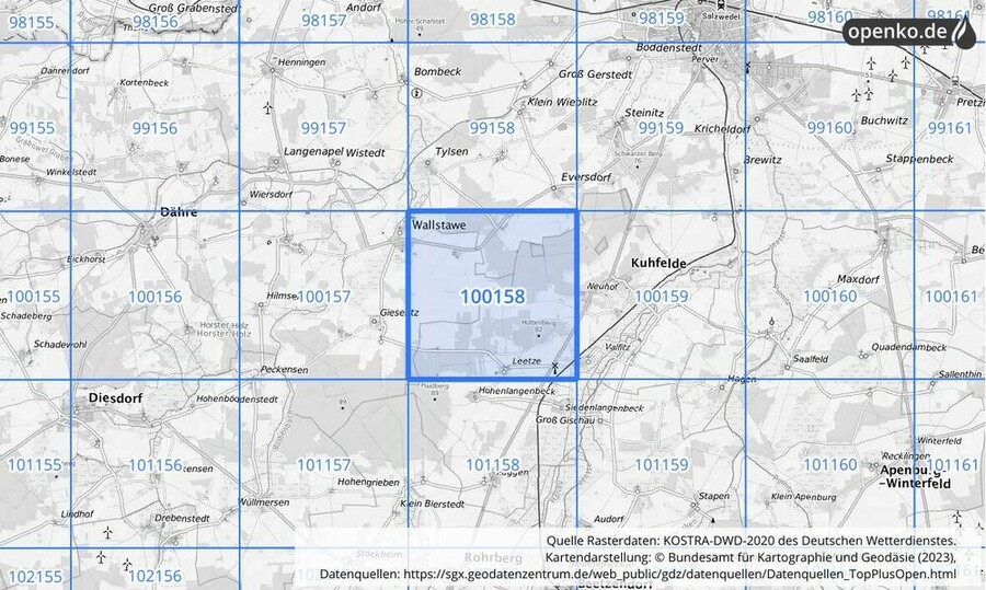 Übersichtskarte des KOSTRA-DWD-2020-Rasterfeldes Nr. 100158