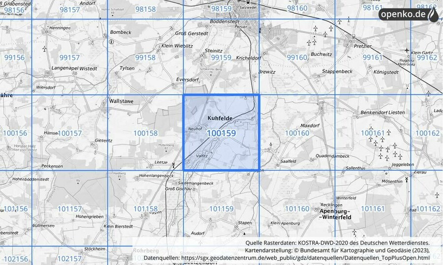 Übersichtskarte des KOSTRA-DWD-2020-Rasterfeldes Nr. 100159