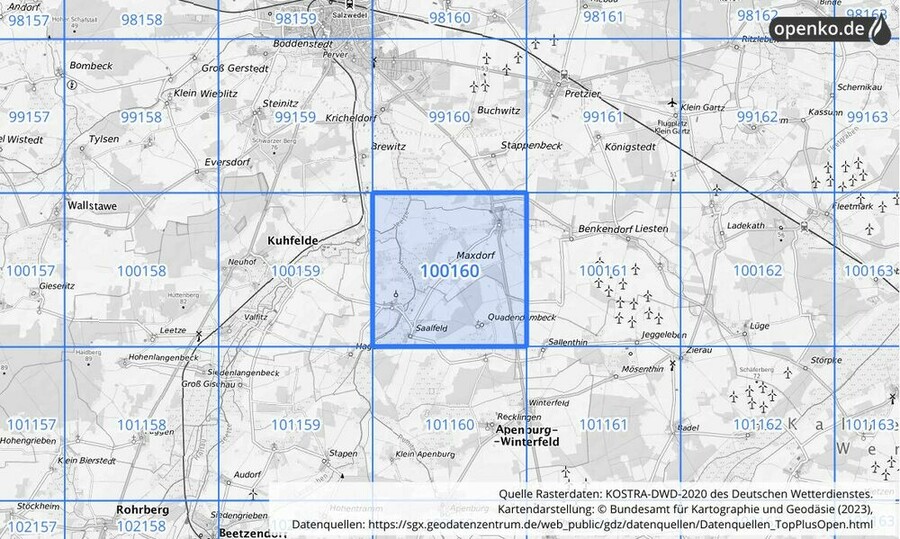 Übersichtskarte des KOSTRA-DWD-2020-Rasterfeldes Nr. 100160