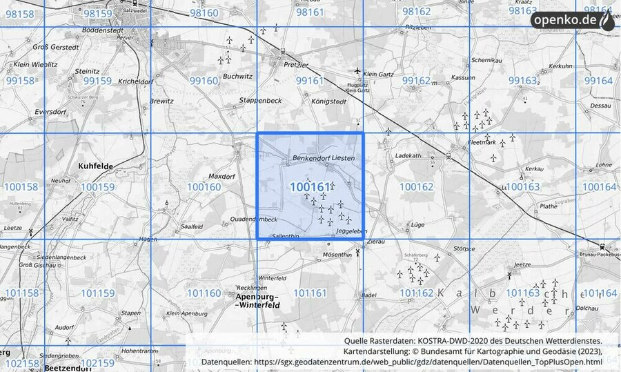 Übersichtskarte des KOSTRA-DWD-2020-Rasterfeldes Nr. 100161