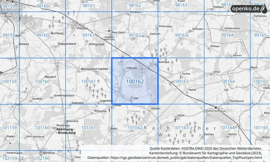 Übersichtskarte des KOSTRA-DWD-2020-Rasterfeldes Nr. 100162