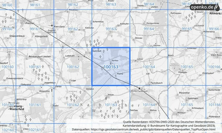 Übersichtskarte des KOSTRA-DWD-2020-Rasterfeldes Nr. 100163