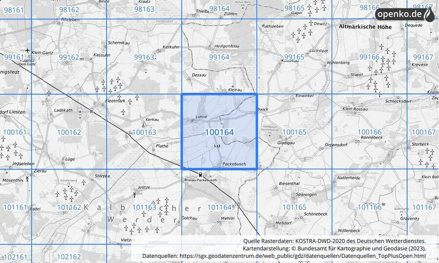 Übersichtskarte des KOSTRA-DWD-2020-Rasterfeldes Nr. 100164