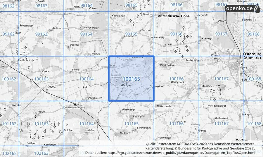 Übersichtskarte des KOSTRA-DWD-2020-Rasterfeldes Nr. 100165