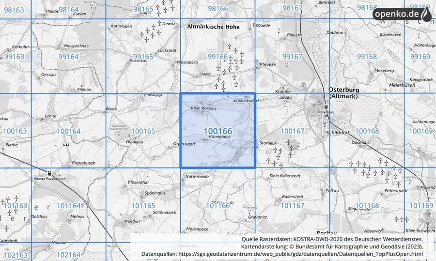 Übersichtskarte des KOSTRA-DWD-2020-Rasterfeldes Nr. 100166