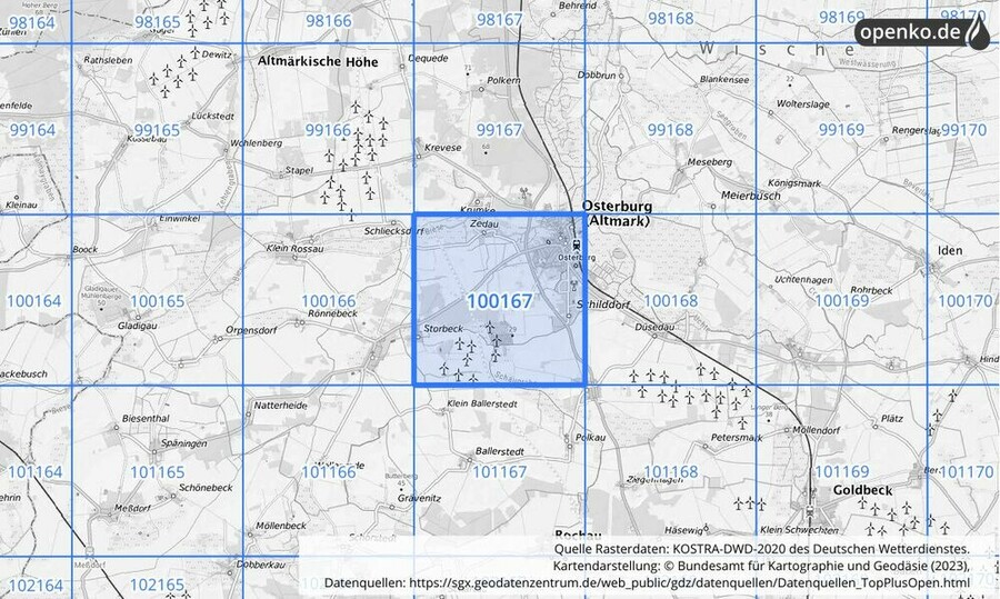 Übersichtskarte des KOSTRA-DWD-2020-Rasterfeldes Nr. 100167