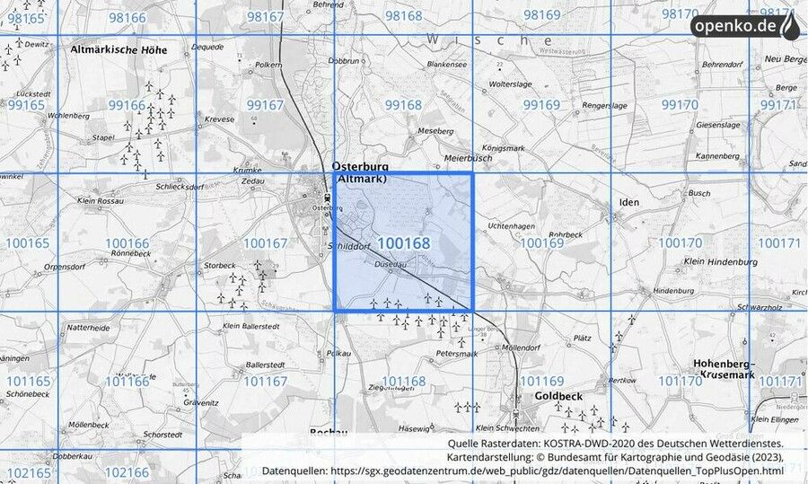 Übersichtskarte des KOSTRA-DWD-2020-Rasterfeldes Nr. 100168