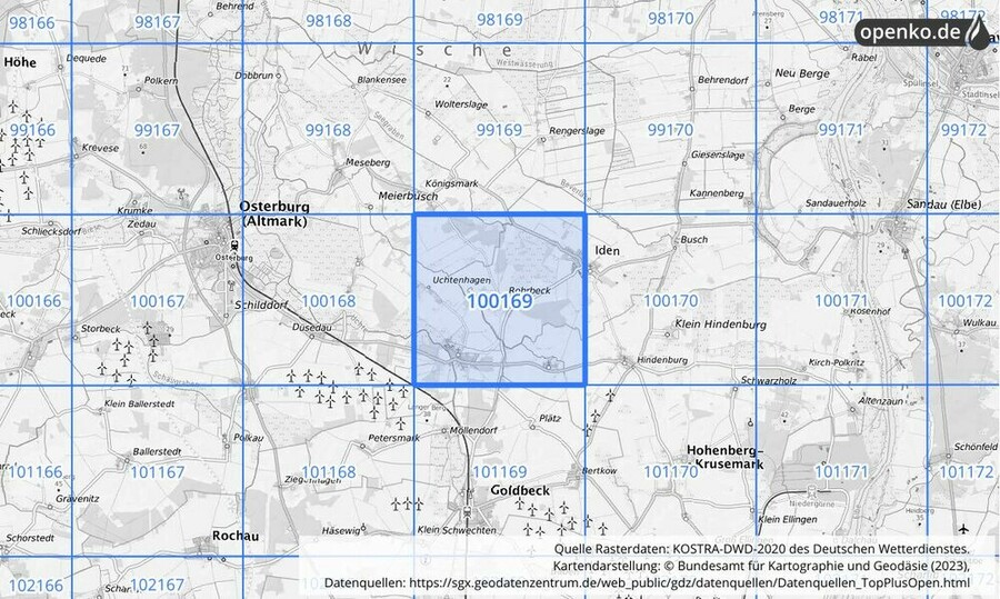 Übersichtskarte des KOSTRA-DWD-2020-Rasterfeldes Nr. 100169