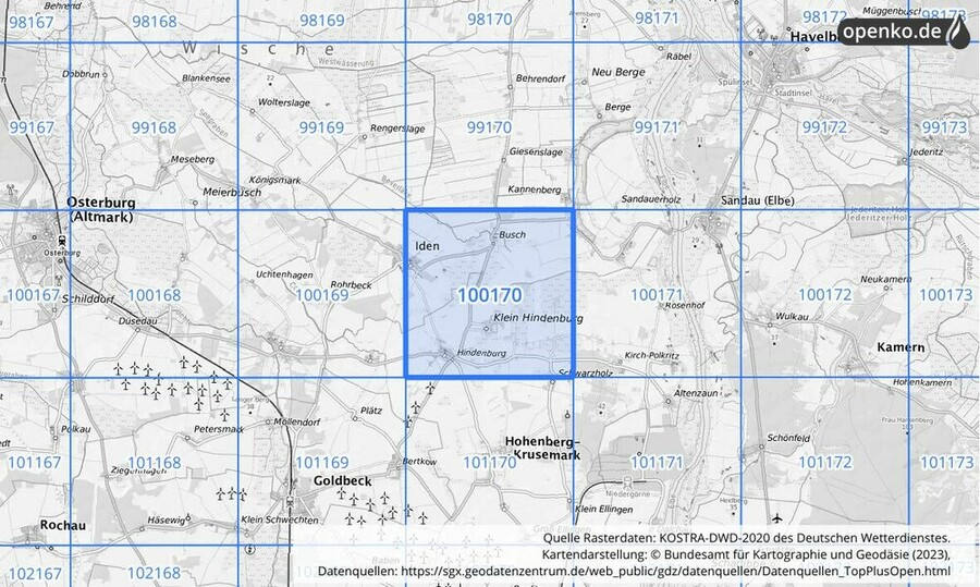 Übersichtskarte des KOSTRA-DWD-2020-Rasterfeldes Nr. 100170