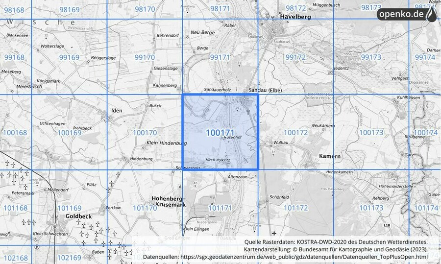 Übersichtskarte des KOSTRA-DWD-2020-Rasterfeldes Nr. 100171