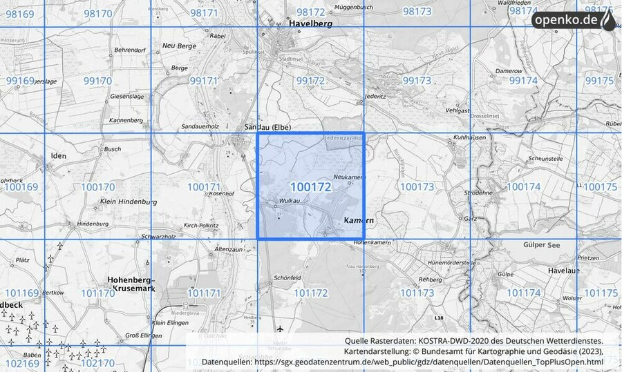 Übersichtskarte des KOSTRA-DWD-2020-Rasterfeldes Nr. 100172