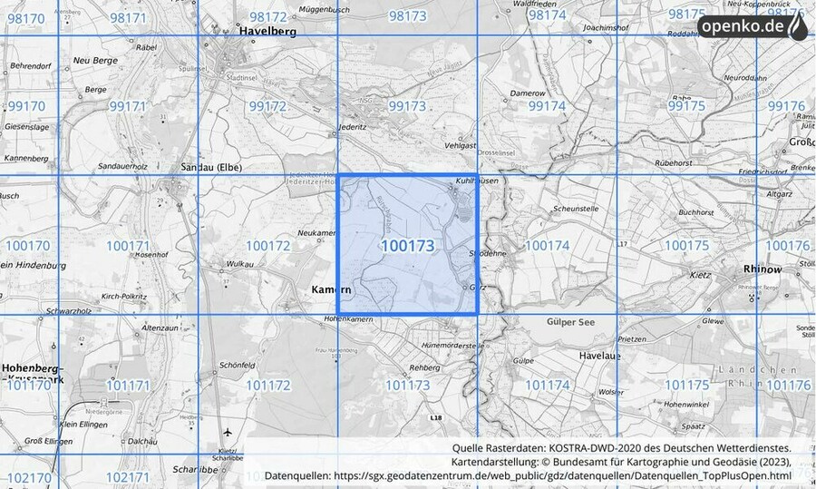 Übersichtskarte des KOSTRA-DWD-2020-Rasterfeldes Nr. 100173