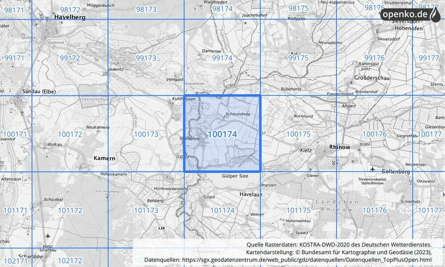 Übersichtskarte des KOSTRA-DWD-2020-Rasterfeldes Nr. 100174