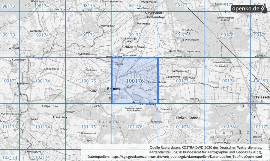 Übersichtskarte des KOSTRA-DWD-2020-Rasterfeldes Nr. 100176