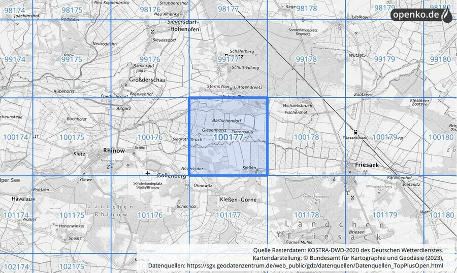 Übersichtskarte des KOSTRA-DWD-2020-Rasterfeldes Nr. 100177