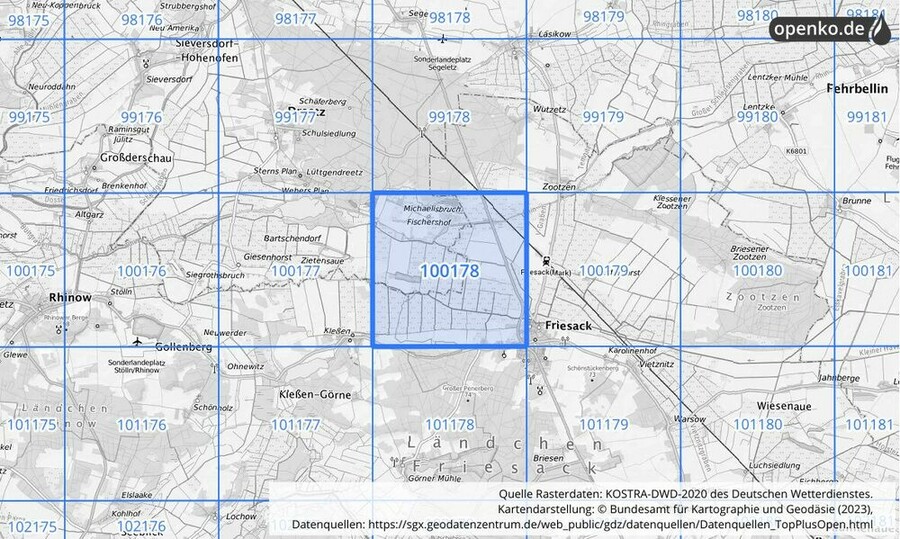 Übersichtskarte des KOSTRA-DWD-2020-Rasterfeldes Nr. 100178