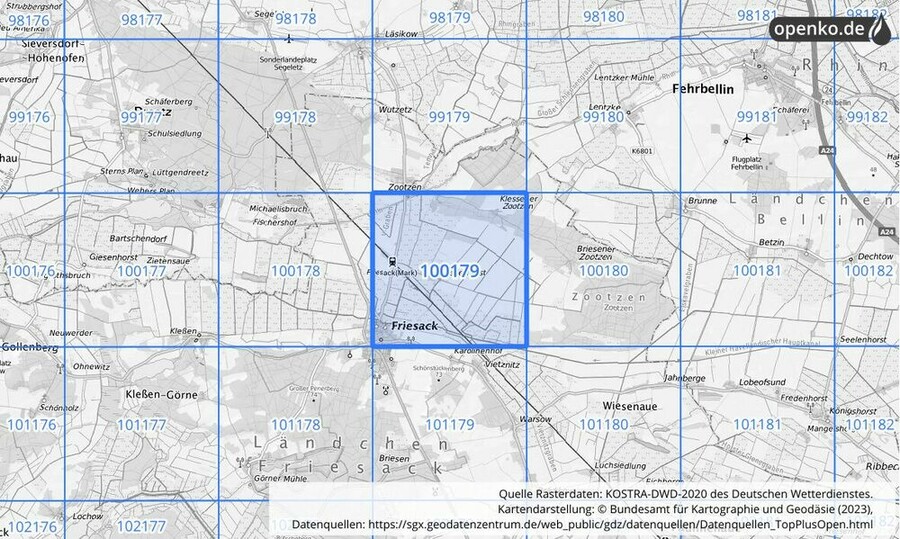 Übersichtskarte des KOSTRA-DWD-2020-Rasterfeldes Nr. 100179