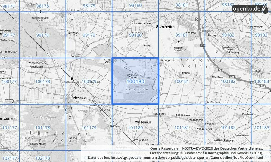 Übersichtskarte des KOSTRA-DWD-2020-Rasterfeldes Nr. 100180